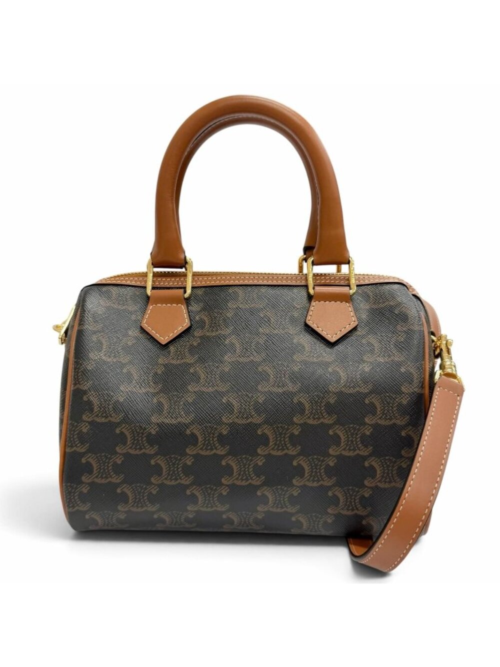 Celine Triomphe Canvas Leather Tan Small Boston 2-Way Shoulder Bag Brown
